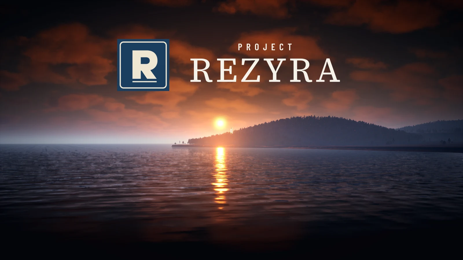 Sunrise over the bay at Port Halcyon in Project Rezyra: a forested headland with its lighthouse, the sun rising beside it over calm water.